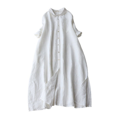 Buddha Stones Buttons Design Lapel Three Quarter Sleeve Cotton Linen Midi Dress With Pockets