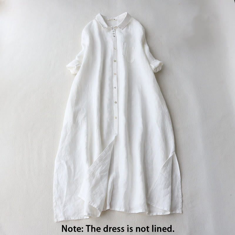 Buddha Stones Buttons Design Lapel Three Quarter Sleeve Cotton Linen Midi Dress With Pockets