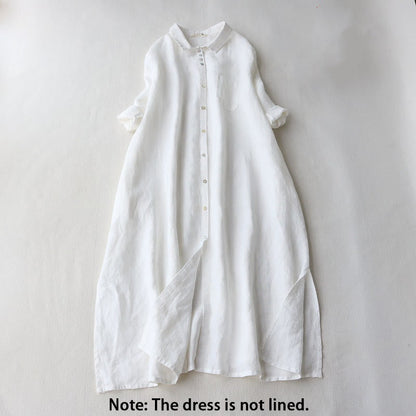 Buddha Stones Buttons Design Lapel Three Quarter Sleeve Cotton Linen Midi Dress With Pockets