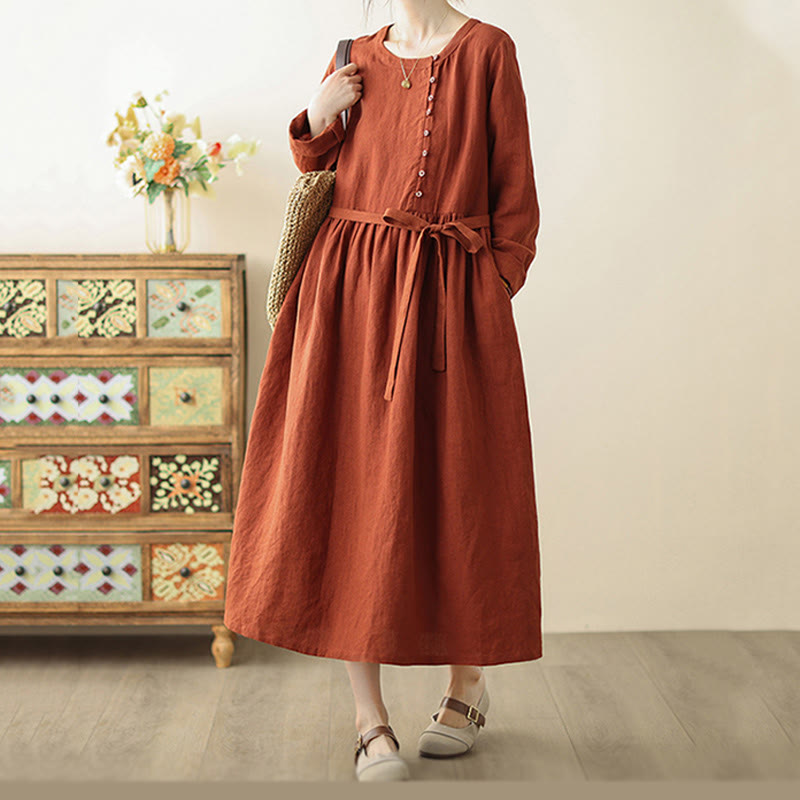 Buddha Stones OrangeRed Lace-Up Design Long Sleeve Cotton Midi Dress With Pockets