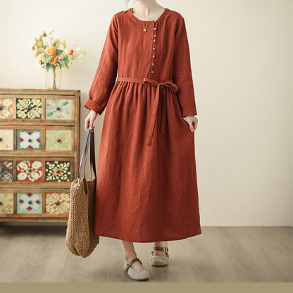 Buddha Stones OrangeRed Lace-Up Design Long Sleeve Cotton Midi Dress With Pockets