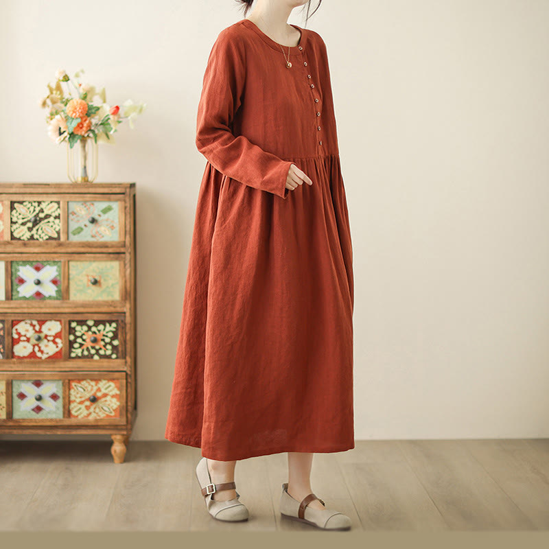 Buddha Stones OrangeRed Lace-Up Design Long Sleeve Cotton Midi Dress With Pockets