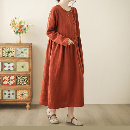 Buddha Stones OrangeRed Lace-Up Design Long Sleeve Cotton Midi Dress With Pockets