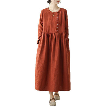 Buddha Stones OrangeRed Lace-Up Design Long Sleeve Cotton Midi Dress With Pockets