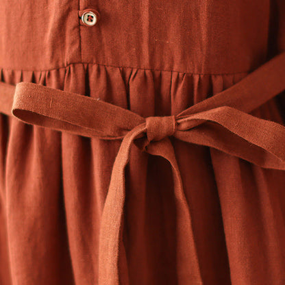 Buddha Stones OrangeRed Lace-Up Design Long Sleeve Cotton Midi Dress With Pockets
