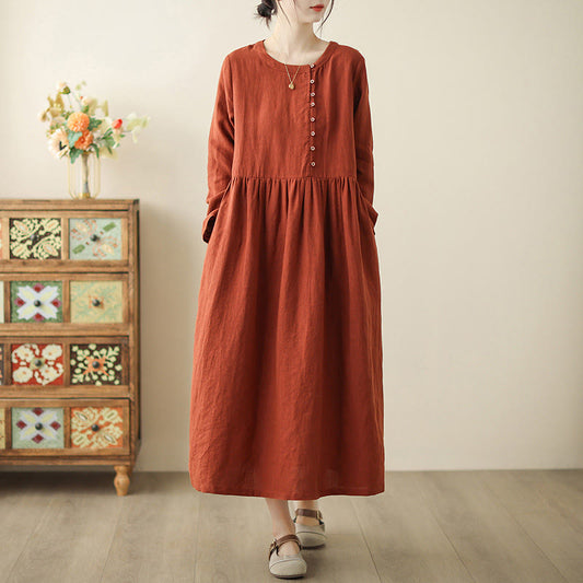 Buddha Stones OrangeRed Lace-Up Design Long Sleeve Cotton Midi Dress With Pockets