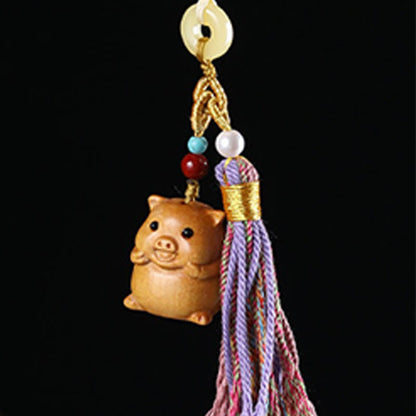 Buddha Stones Sandalwood 12 Chinese Zodiac Blessing Colorful Tassel Accessories Keychain