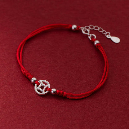 Buddha Stones 925 Sterling Silver Hollow Copper Coin Luck String Bracelet