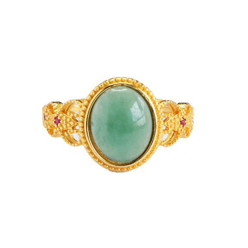 Buddha Stones Natural 925 Sterling Silver Plated Gold Hollow Design Jade Luck Ring