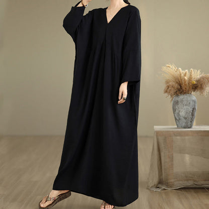 Buddha Stones Fall Pure Color V-Neck Long Sleeve Cotton Midi Dress
