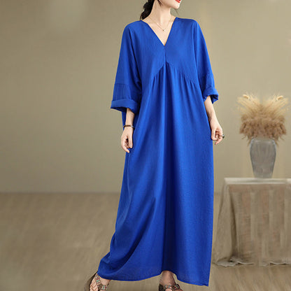 Buddha Stones Fall Pure Color V-Neck Long Sleeve Cotton Midi Dress