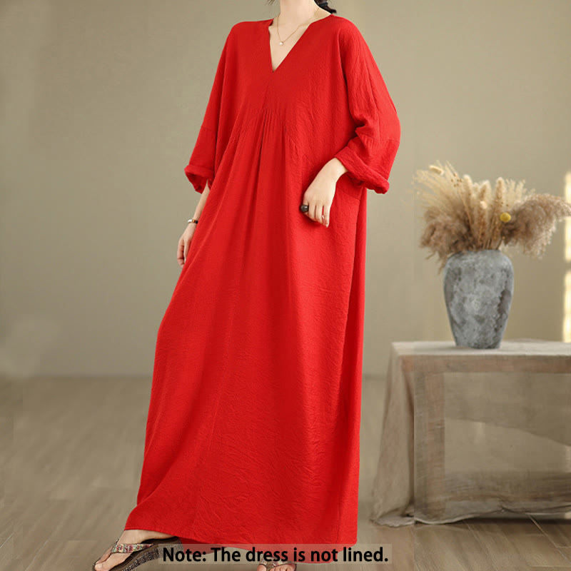 Buddha Stones Fall Pure Color V-Neck Long Sleeve Cotton Midi Dress