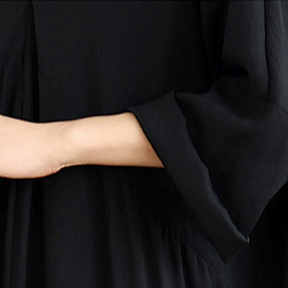Buddha Stones Fall Pure Color V-Neck Long Sleeve Cotton Midi Dress