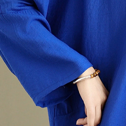 Buddha Stones Fall Pure Color V-Neck Long Sleeve Cotton Midi Dress