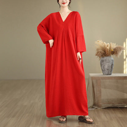 Buddha Stones Fall Pure Color V-Neck Long Sleeve Cotton Midi Dress