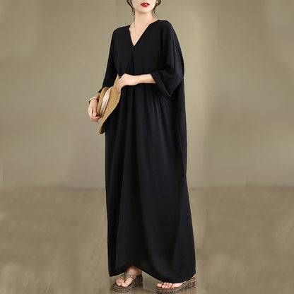 Buddha Stones Fall Pure Color V-Neck Long Sleeve Cotton Midi Dress