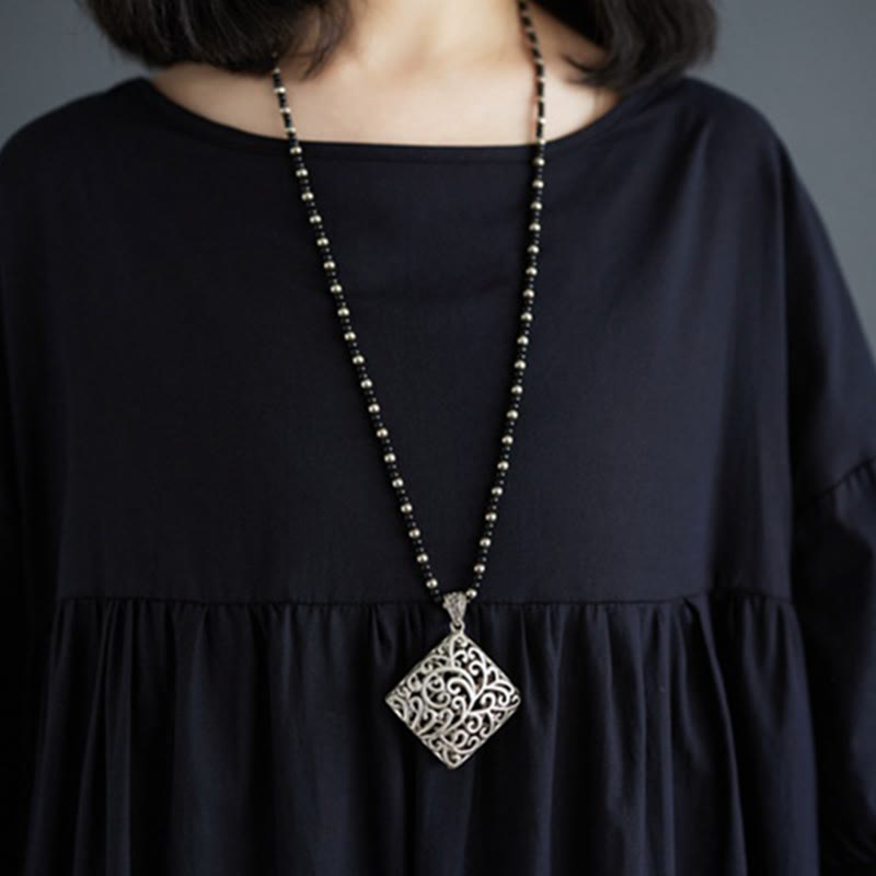 Buddha Stones Solid Color Pleated Design Crew Neck Half Puff Sleeve Cotton Midi Dress
