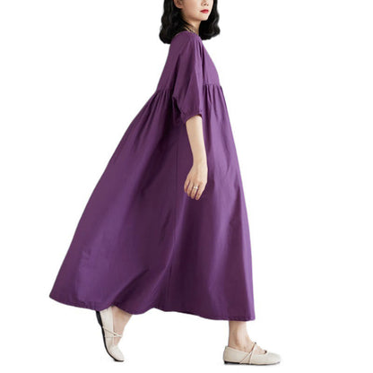 Buddha Stones Solid Color Pleated Design Crew Neck Half Puff Sleeve Cotton Midi Dress