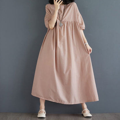 Buddha Stones Solid Color Pleated Design Crew Neck Half Puff Sleeve Cotton Midi Dress