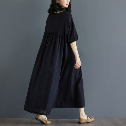Buddha Stones Solid Color Pleated Design Crew Neck Half Puff Sleeve Cotton Midi Dress