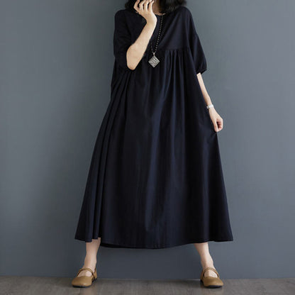Buddha Stones Solid Color Pleated Design Crew Neck Half Puff Sleeve Cotton Midi Dress