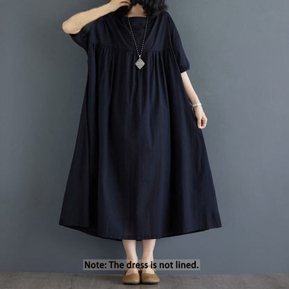 Buddha Stones Solid Color Pleated Design Crew Neck Half Puff Sleeve Cotton Midi Dress