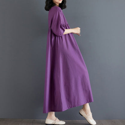 Buddha Stones Solid Color Pleated Design Crew Neck Half Puff Sleeve Cotton Midi Dress