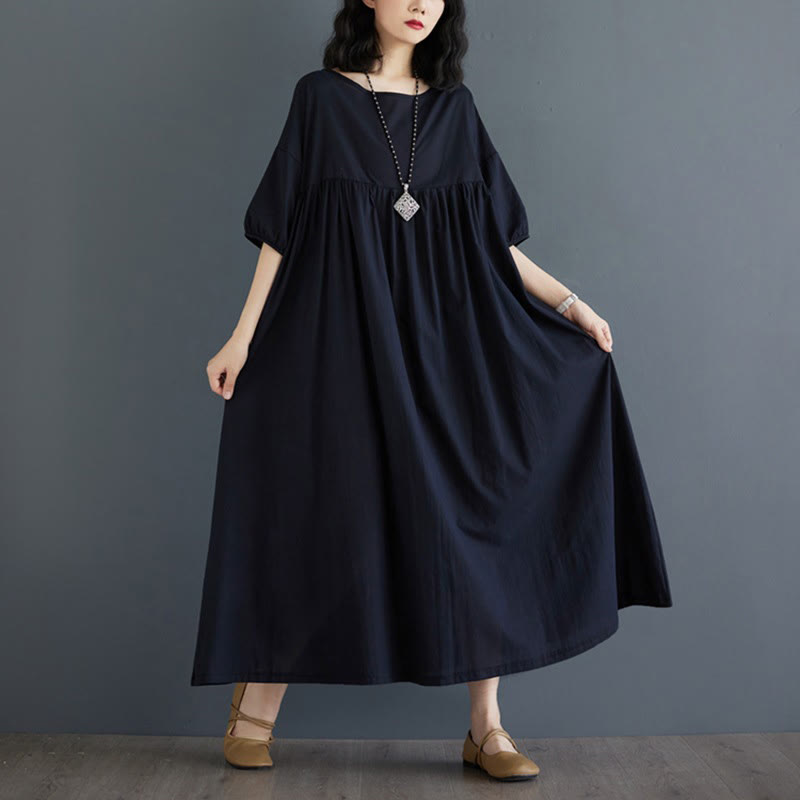 Buddha Stones Solid Color Pleated Design Crew Neck Half Puff Sleeve Cotton Midi Dress
