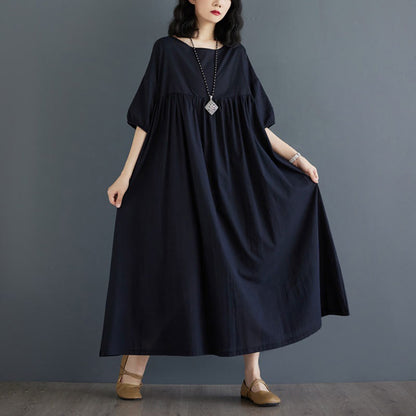 Buddha Stones Solid Color Pleated Design Crew Neck Half Puff Sleeve Cotton Midi Dress