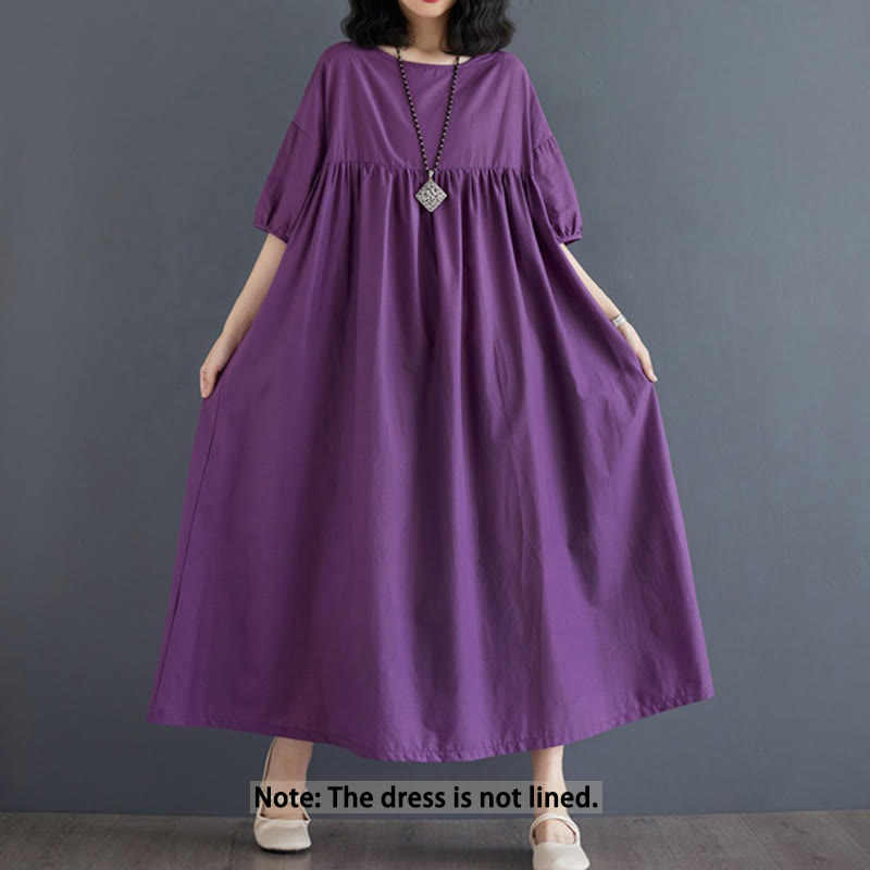 Buddha Stones Solid Color Pleated Design Crew Neck Half Puff Sleeve Cotton Midi Dress