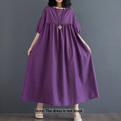 Buddha Stones Solid Color Pleated Design Crew Neck Half Puff Sleeve Cotton Midi Dress
