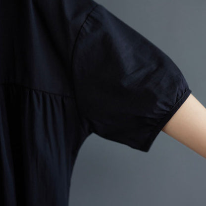 Buddha Stones Solid Color Pleated Design Crew Neck Half Puff Sleeve Cotton Midi Dress