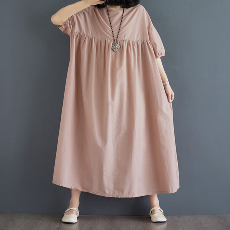 Buddha Stones Solid Color Pleated Design Crew Neck Half Puff Sleeve Cotton Midi Dress