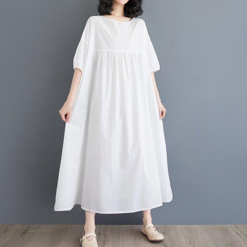 Buddha Stones Solid Color Pleated Design Crew Neck Half Puff Sleeve Cotton Midi Dress