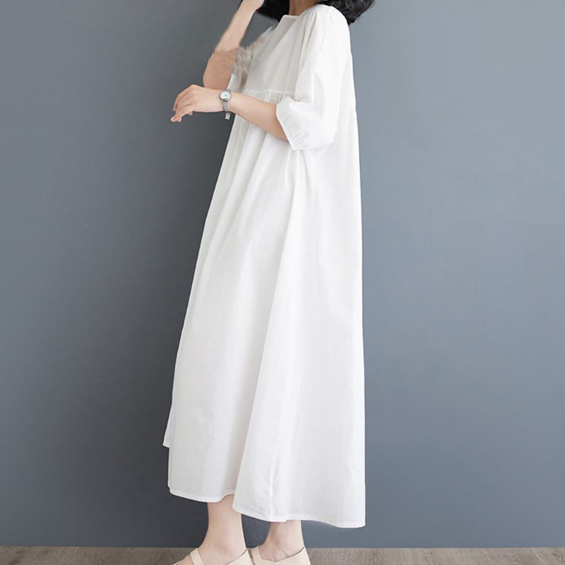 Buddha Stones Solid Color Pleated Design Crew Neck Half Puff Sleeve Cotton Midi Dress