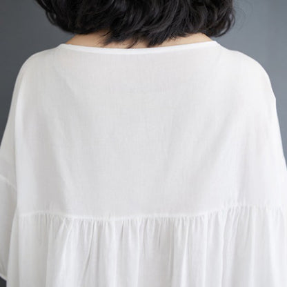 Buddha Stones Solid Color Pleated Design Crew Neck Half Puff Sleeve Cotton Midi Dress