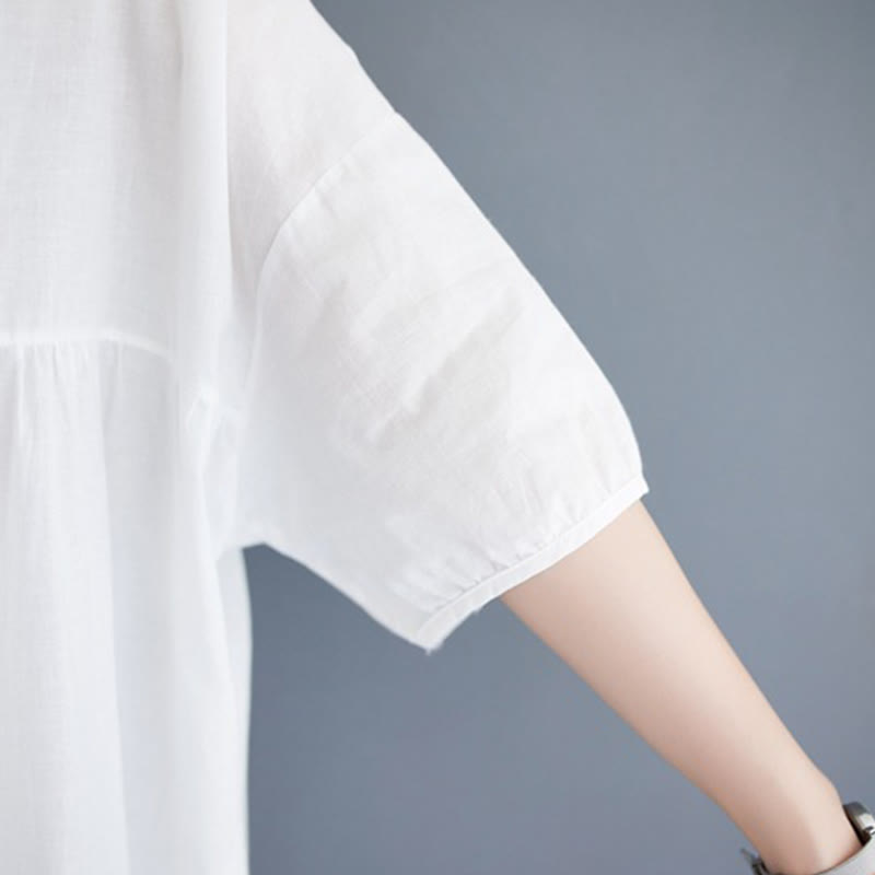 Buddha Stones Solid Color Pleated Design Crew Neck Half Puff Sleeve Cotton Midi Dress