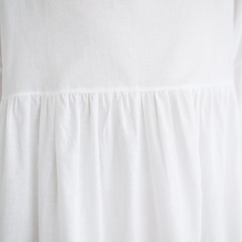 Buddha Stones Solid Color Pleated Design Crew Neck Half Puff Sleeve Cotton Midi Dress