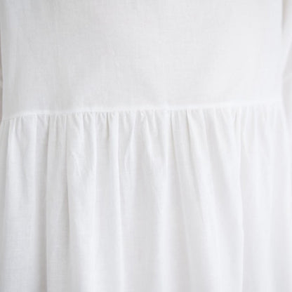 Buddha Stones Solid Color Pleated Design Crew Neck Half Puff Sleeve Cotton Midi Dress