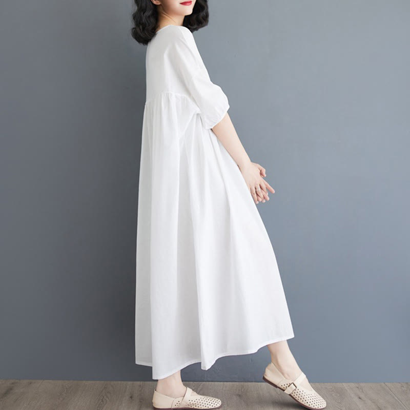 Buddha Stones Solid Color Pleated Design Crew Neck Half Puff Sleeve Cotton Midi Dress