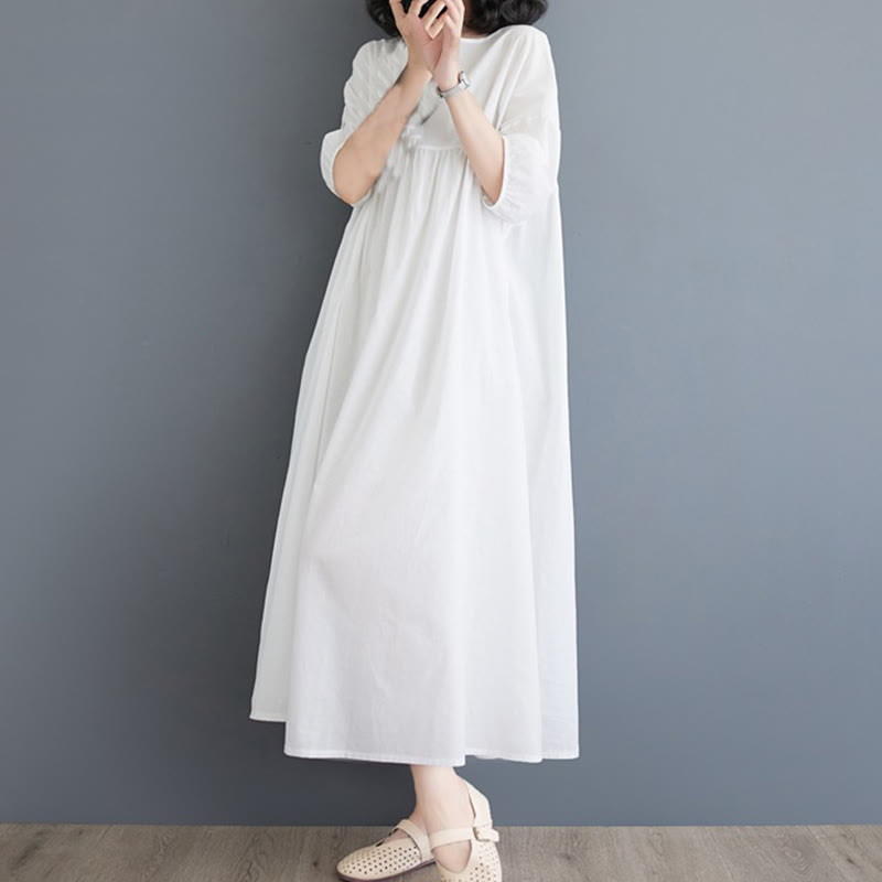Buddha Stones Solid Color Pleated Design Crew Neck Half Puff Sleeve Cotton Midi Dress