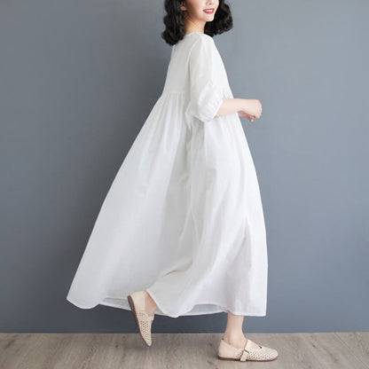 Buddha Stones Solid Color Pleated Design Crew Neck Half Puff Sleeve Cotton Midi Dress