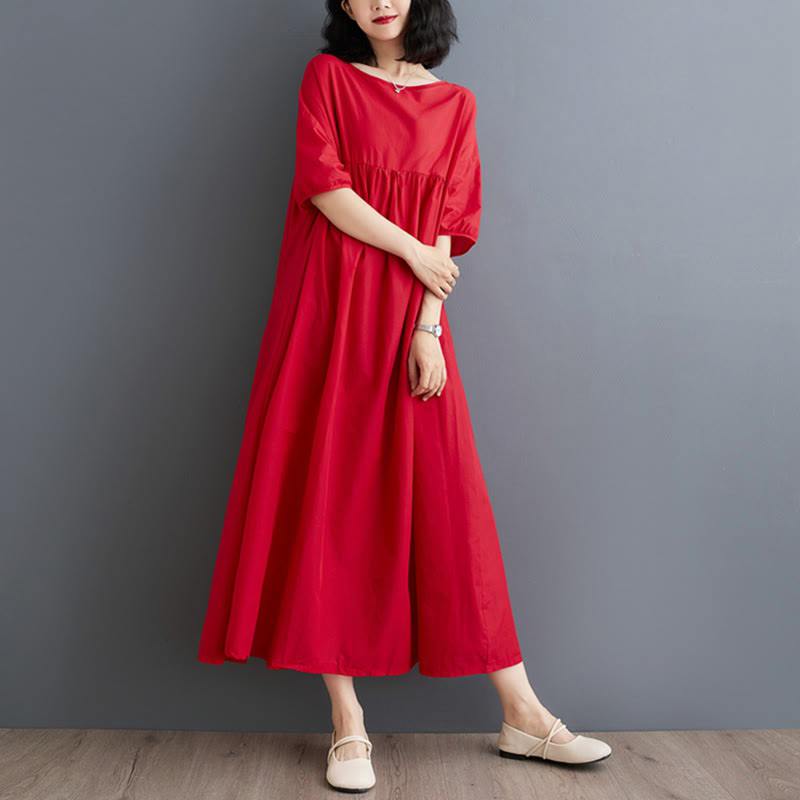 Buddha Stones Solid Color Pleated Design Crew Neck Half Puff Sleeve Cotton Midi Dress