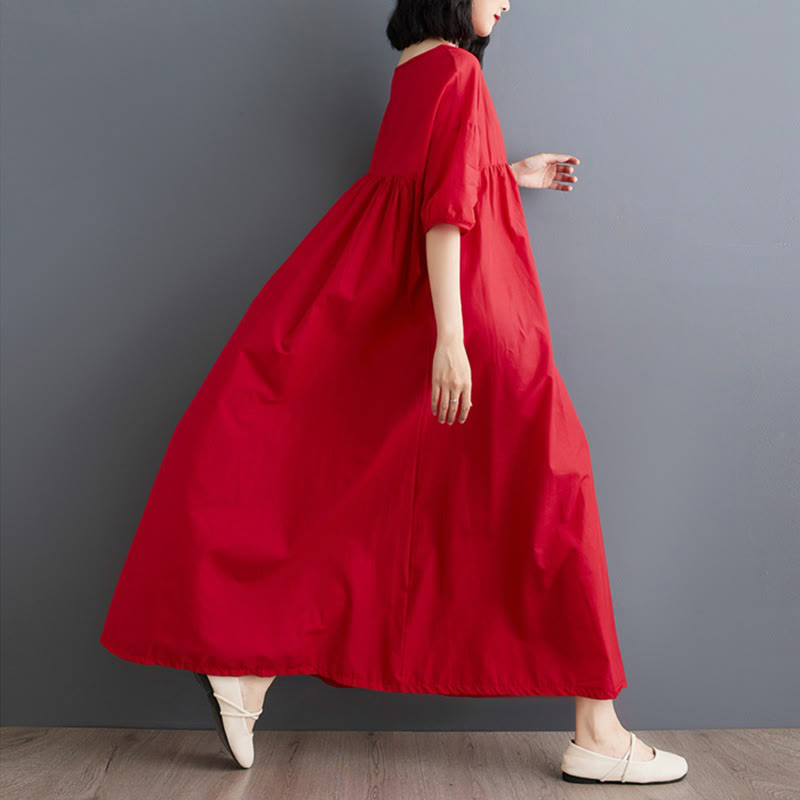 Buddha Stones Solid Color Pleated Design Crew Neck Half Puff Sleeve Cotton Midi Dress