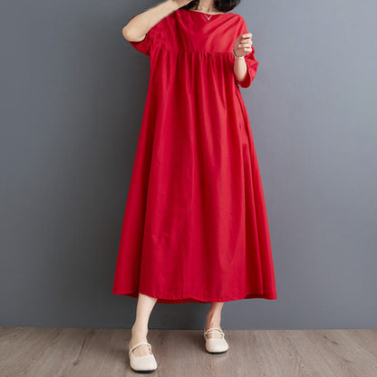 Buddha Stones Solid Color Pleated Design Crew Neck Half Puff Sleeve Cotton Midi Dress