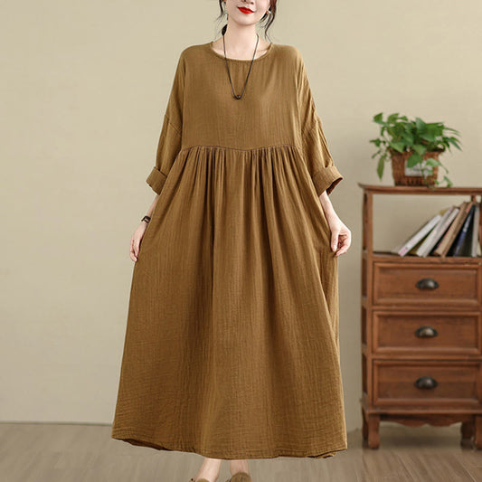 Buddha Stones Commute Pure Color Long Sleeve Cotton Linen Midi Dress With Pockets