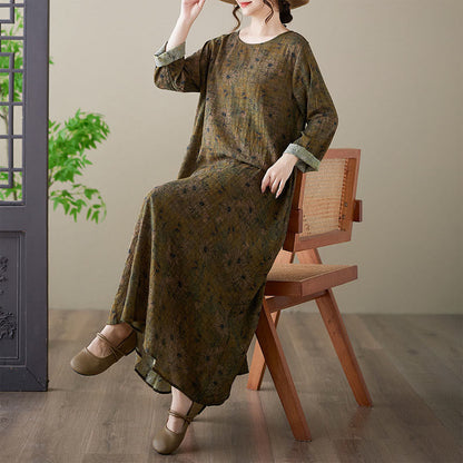 Buddha Stones Olive Printing Flower Long Sleeve Cotton Linen Maxi Dress With Pockets