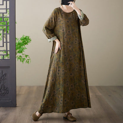 Buddha Stones Olive Printing Flower Long Sleeve Cotton Linen Maxi Dress With Pockets