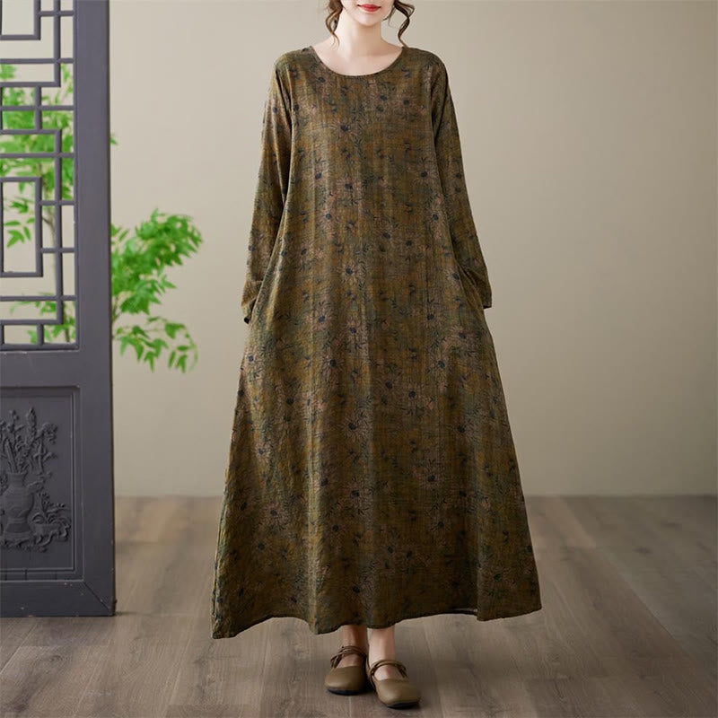 Buddha Stones Olive Printing Flower Long Sleeve Cotton Linen Maxi Dress With Pockets