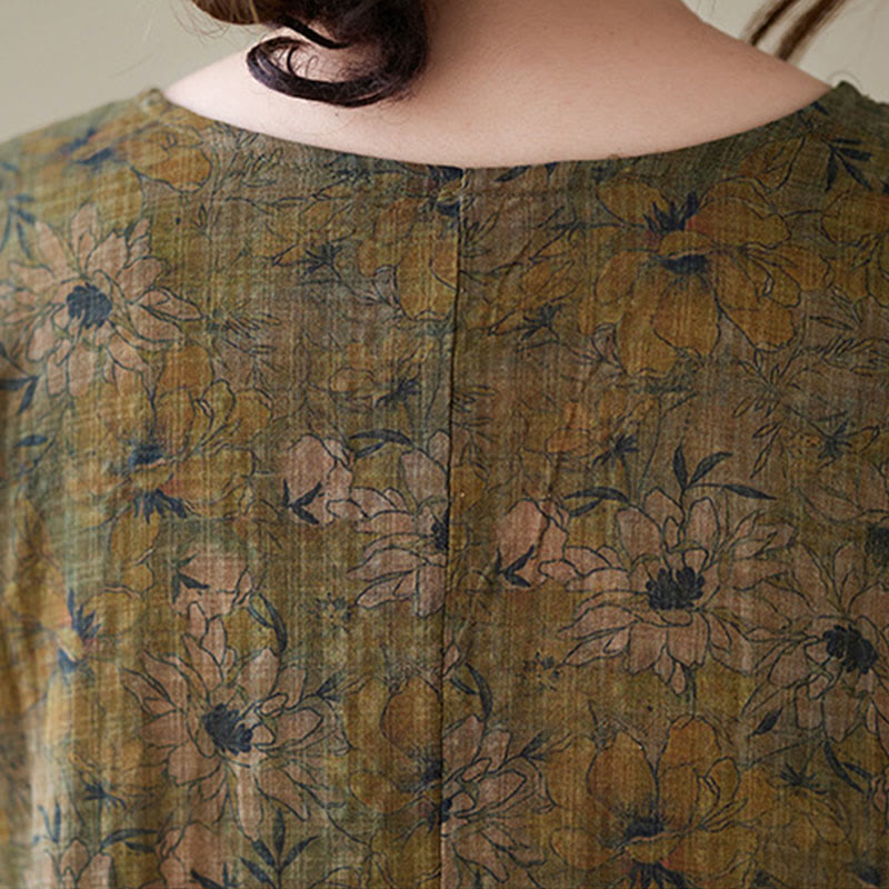 Buddha Stones Olive Printing Flower Long Sleeve Cotton Linen Maxi Dress With Pockets